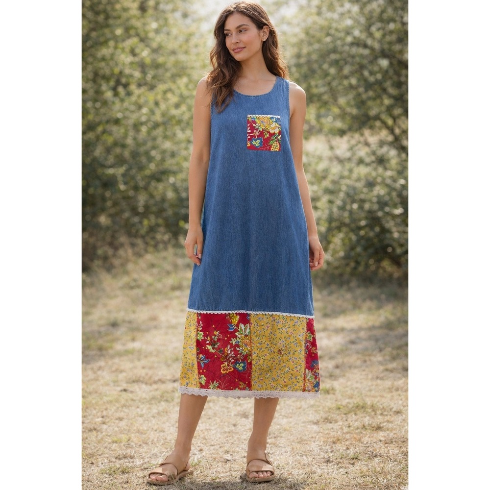 Nicole Marie‎ Denim Floral Patchwork Lace Trimmed Midi Dress Womens XL